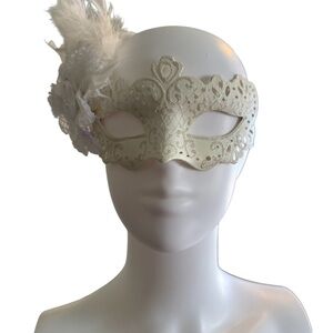 Hand painted from Italy Elegant Cream Masquerade Mask with Feather
